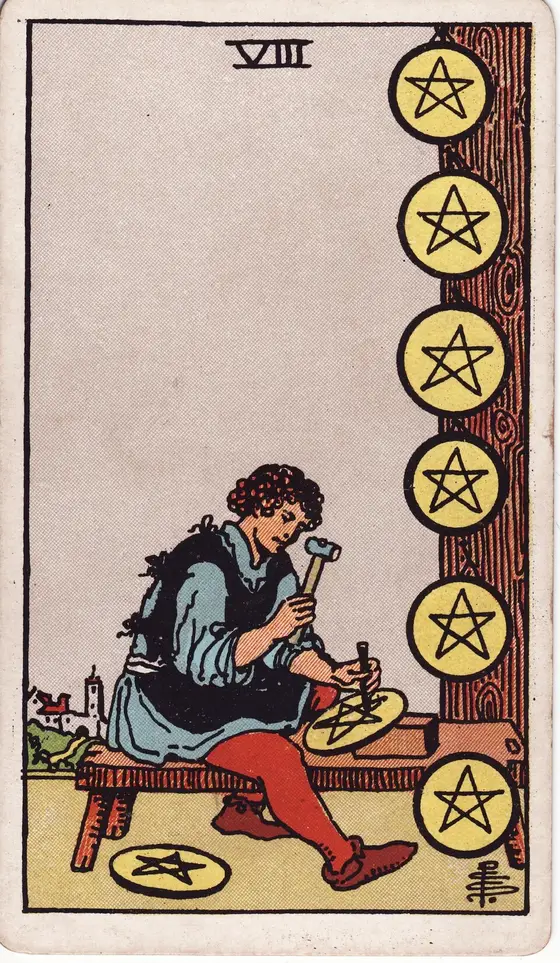 Åtte av Mynter – tarotkort i Rider–Waite-stokken
