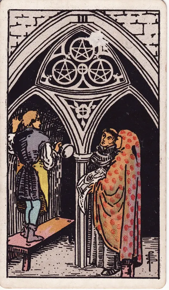 Tre av Mynter – tarotkort i Rider–Waite-stokken